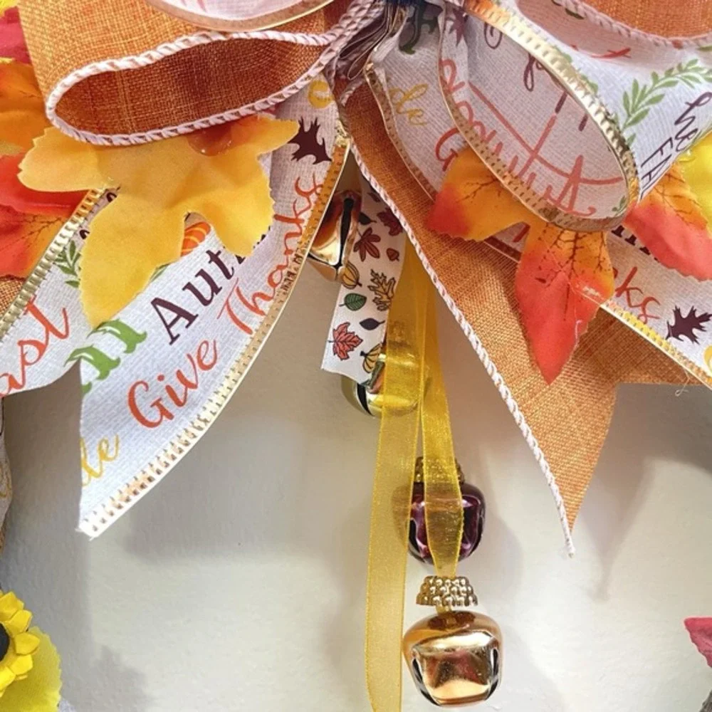 New‎ Hand Made Autumn Wreath Hello Fall Acorns Sunflowers Bells Bow